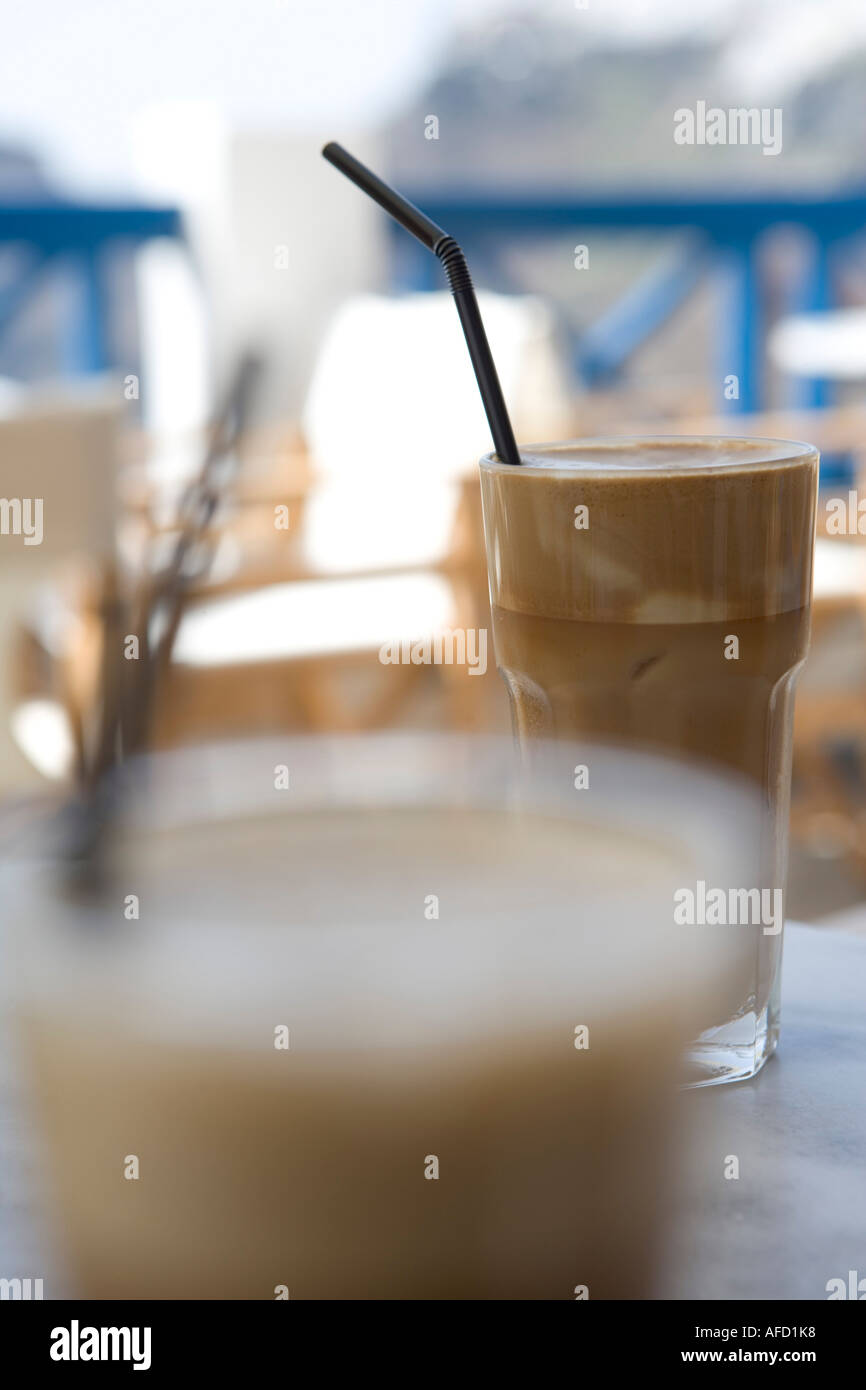 Cold Frappe Coffee, Fira, Santorini, Greece Stock Photo