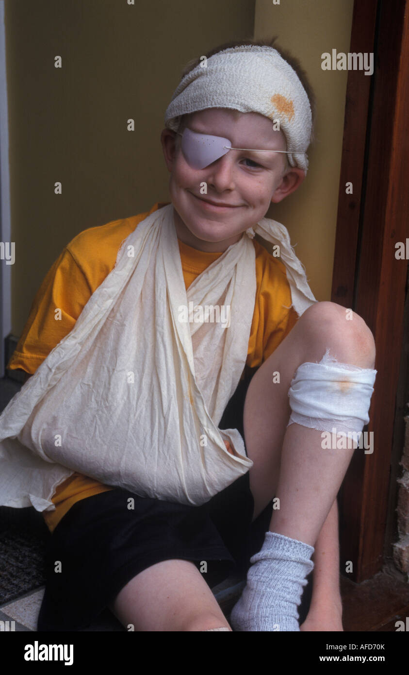 amusing picture of boy with multiple injuries Stock Photo