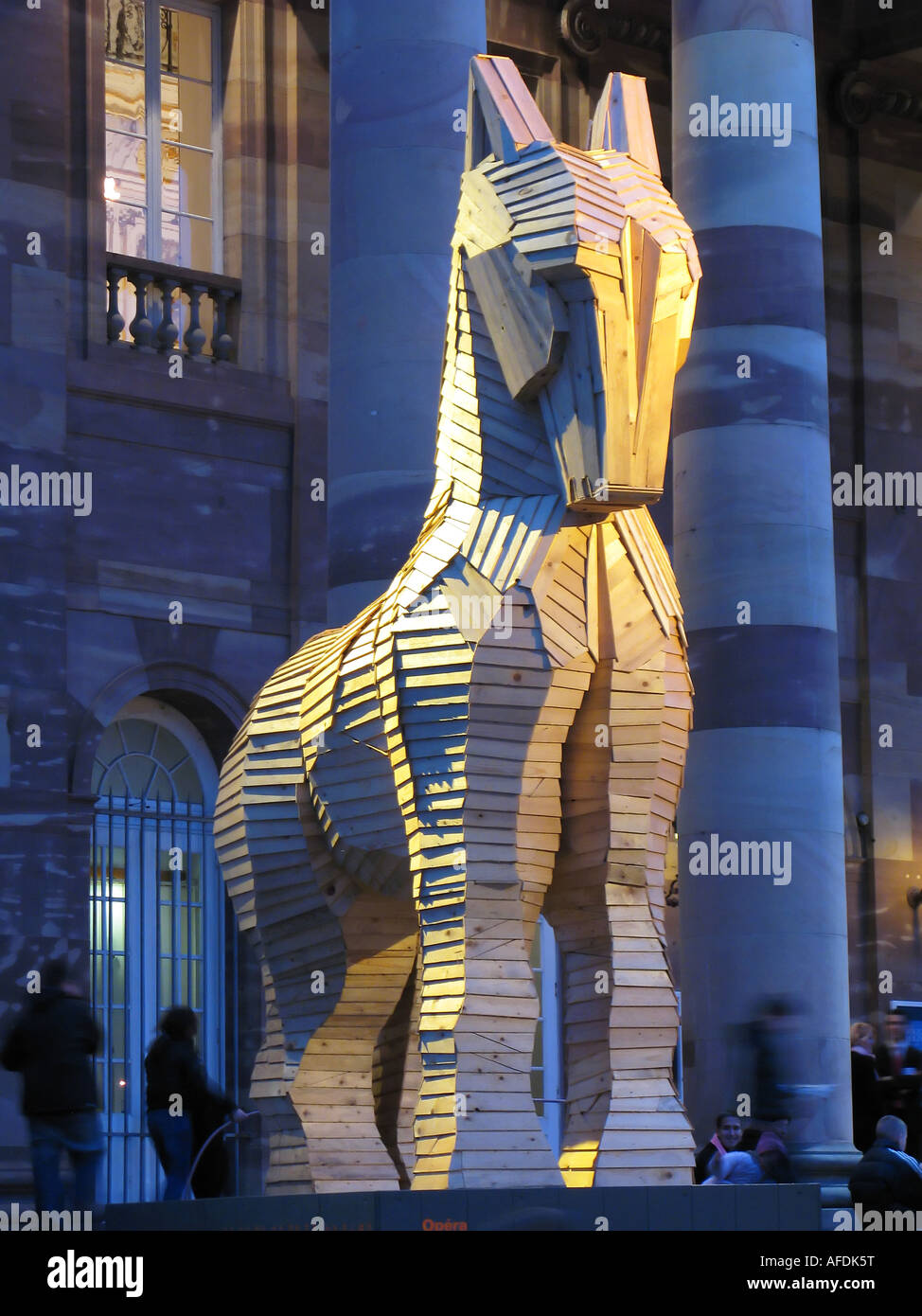 Wooden Trojan horse by Philippe Miesch in front of Opera house at night, Strasbourg, Alsace, France, Europe Stock Photo