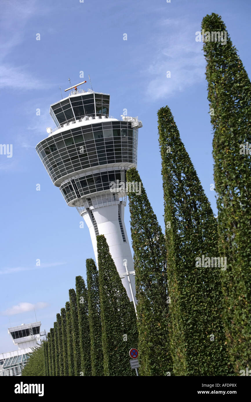 Illustration Airport: Munich Airport exterior view with tower trees and public parc Stock Photo