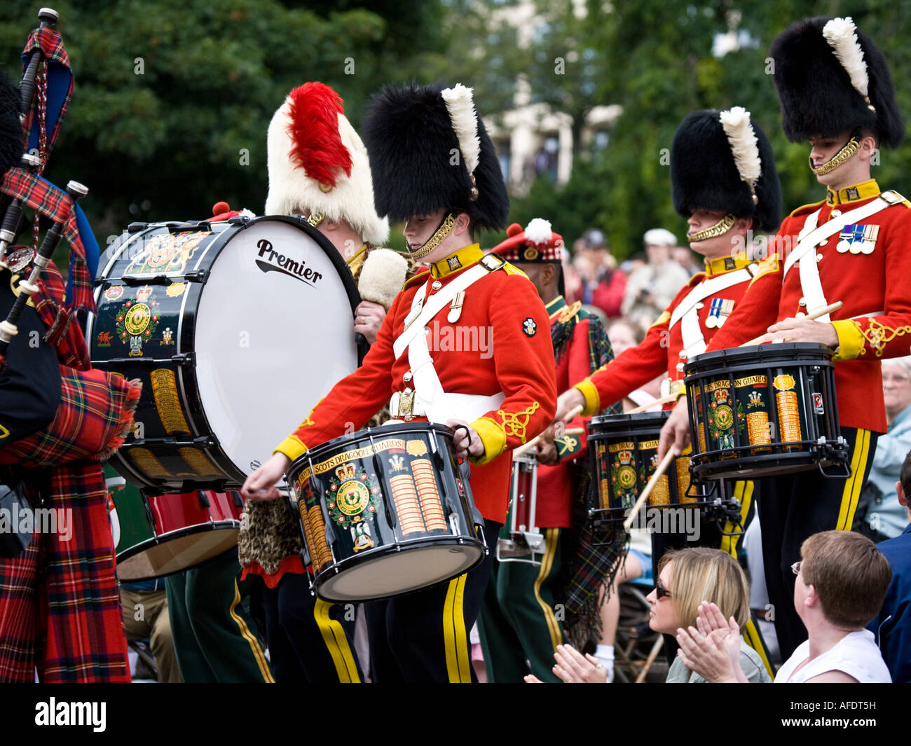 Royal Scots Dragoon Guards drummers at Princes Street Gardens, City of Edinburgh, Scotland. Stock Photo