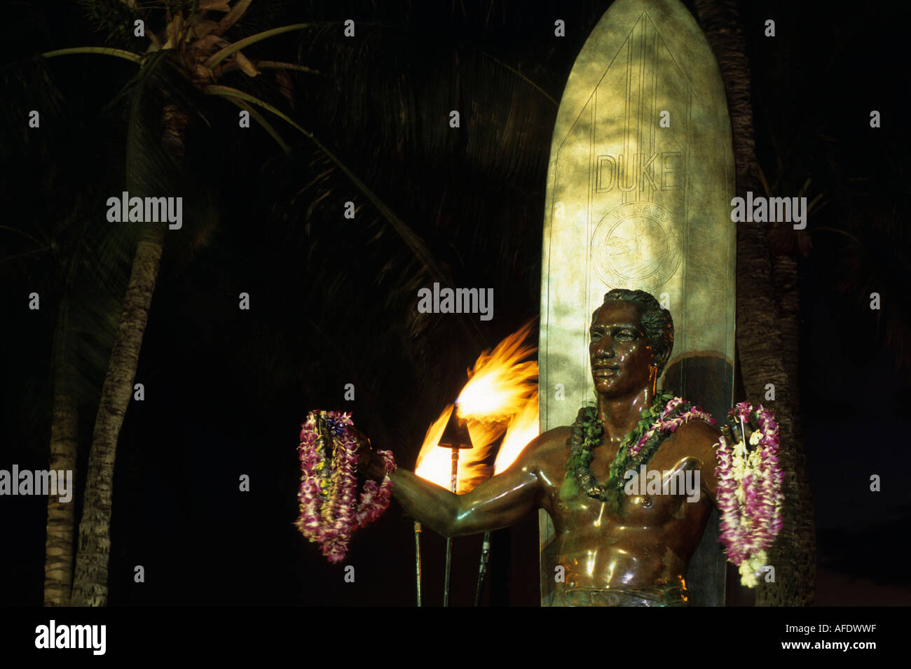 Surfer Statue at Waikiki, Duke Kahanamoku Statue, Honolulu, Oahu, Hawaii, USA Stock Photo