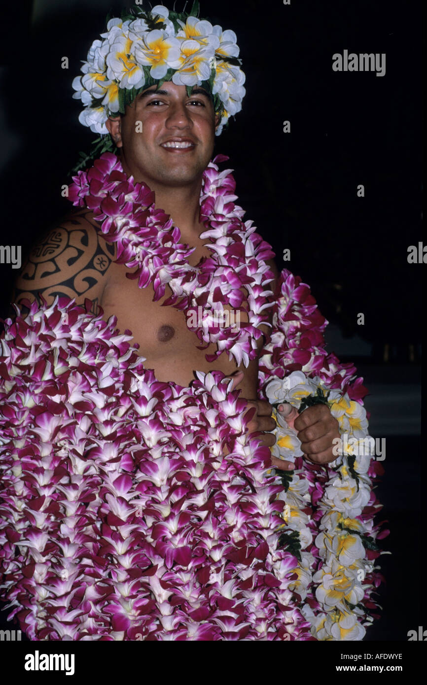 Man with Flower Leis, Sheraton Royal Hawaiian Hotel, Honolulu, Oahu, Hawaii, USA Stock Photo