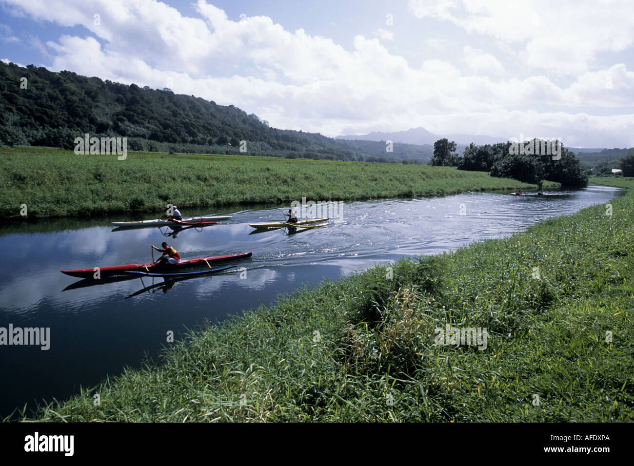 Kayaking on Hanalei River, Near Hanalei, Kauai, Hawaii, USA Stock Photo