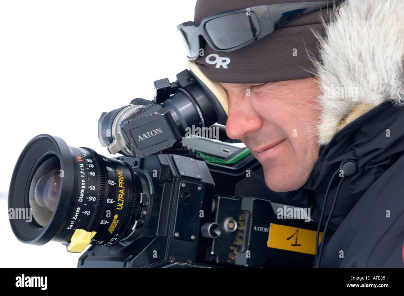 Cameraman Eric Borjeson with 35mm  Aaton camera filming in the high Canadian arctic Stock Photo
