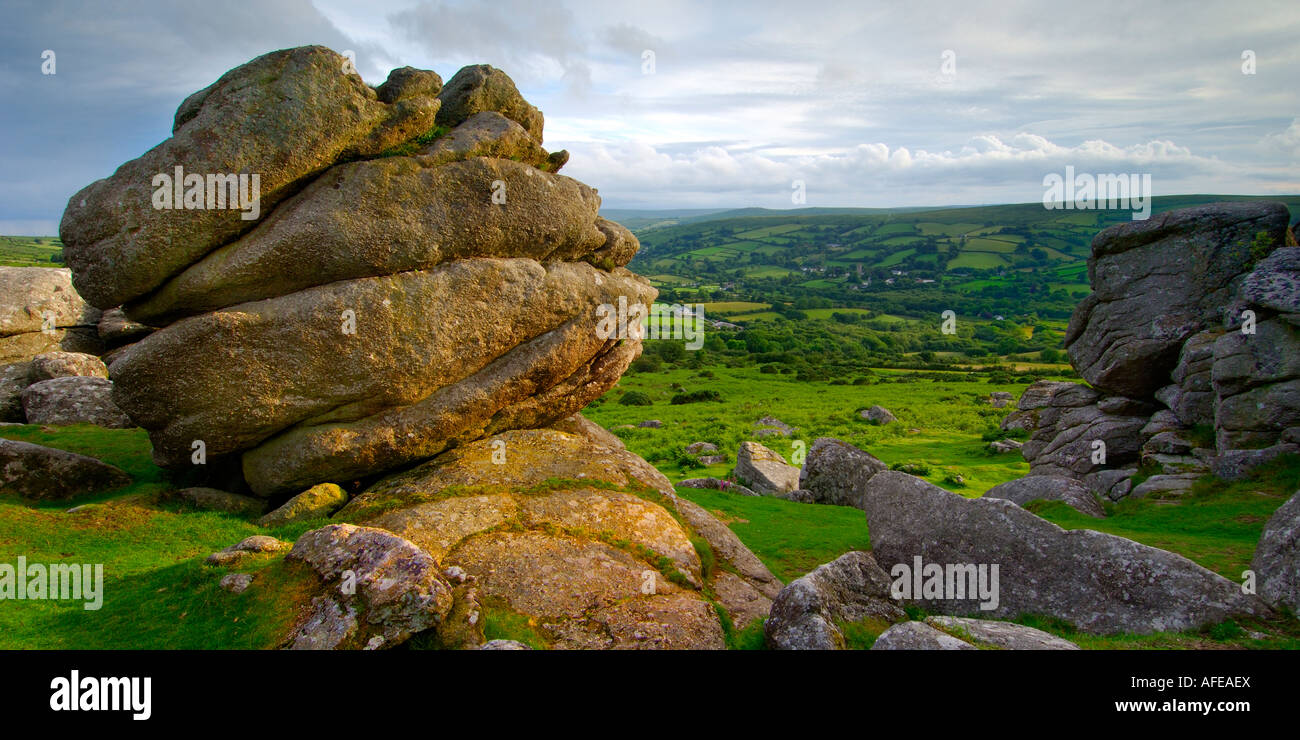 Panoramic outlook from Bonehill Rocks on Dartmoor overlooking Widecombe in the Moor Stock Photo