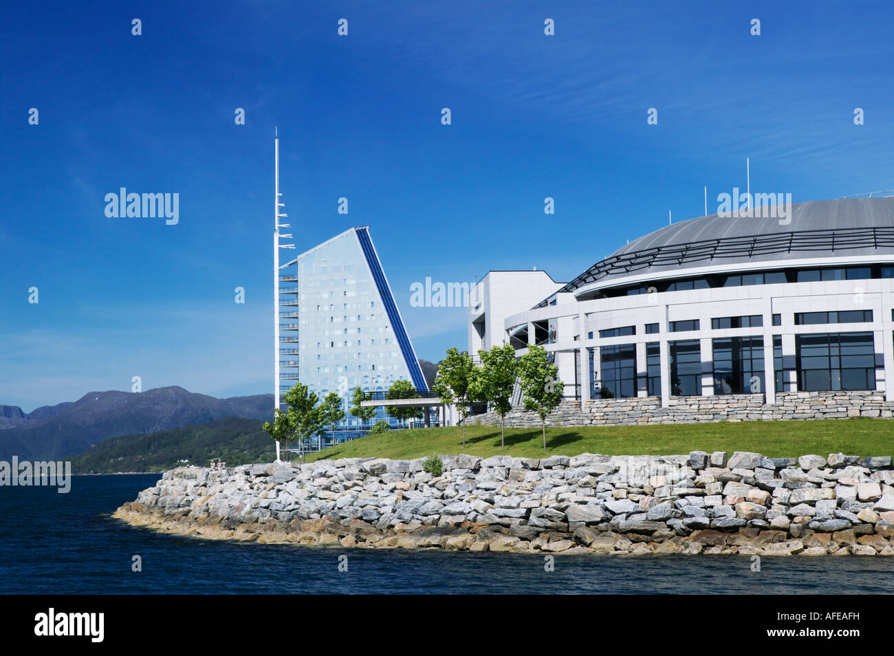 The Aker Stadium and the Rica Seilet Hotel Reknes Molde More og Romsdal Norway Stock Photo