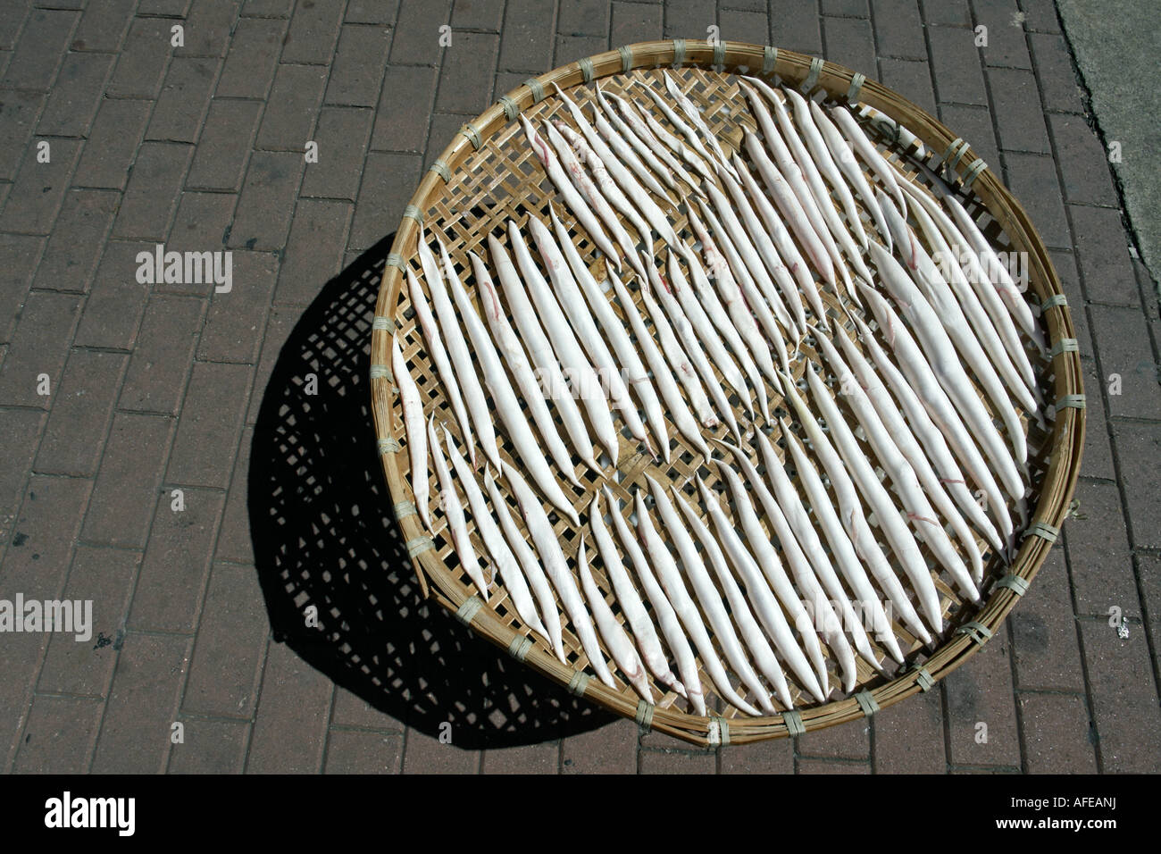 Dry fish stomach on bamboo tray Cheung Chau Hong Kong China Stock Photo