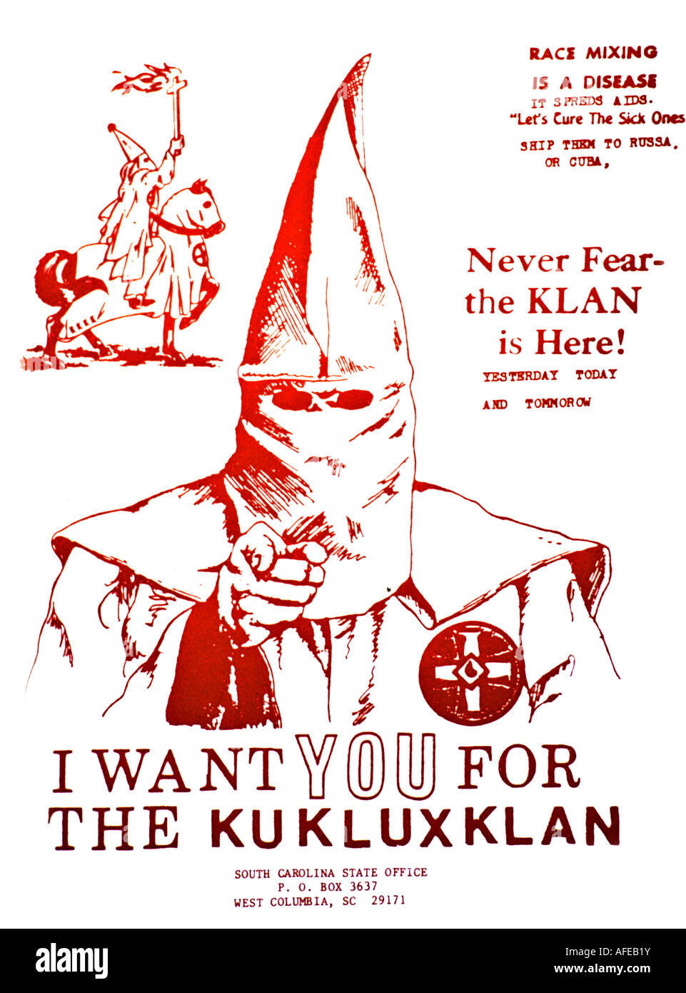 Recruiting poster for the Ku Klux Klan showing sheet cloaked member Stock Photo