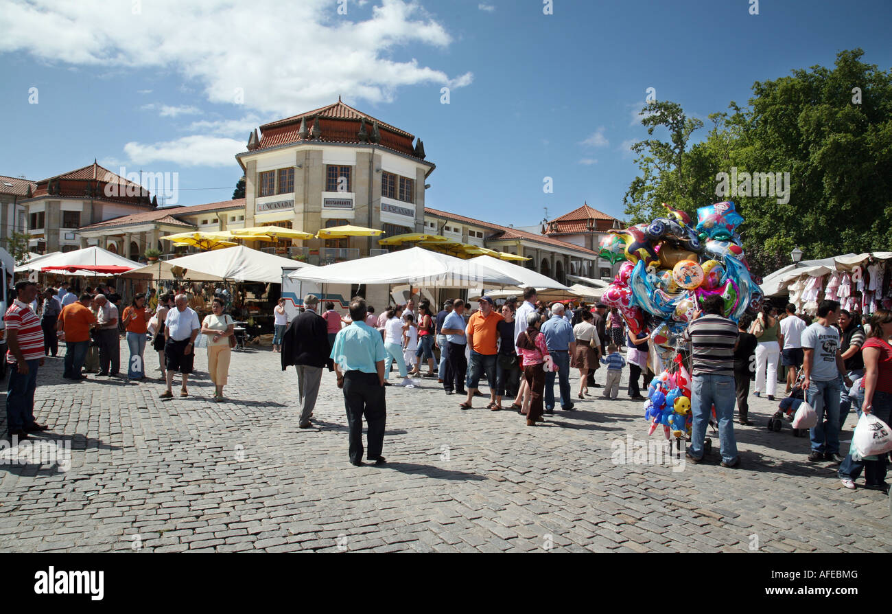 Crowds on market day, Ponte de Lima, North Portugal, Europe Stock Photo