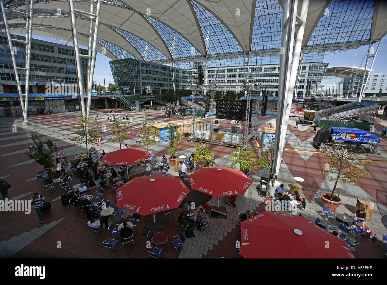 Illustration Airport Terminal 2: Cafe at Munich Airport building with futuristic architecture Stock Photo