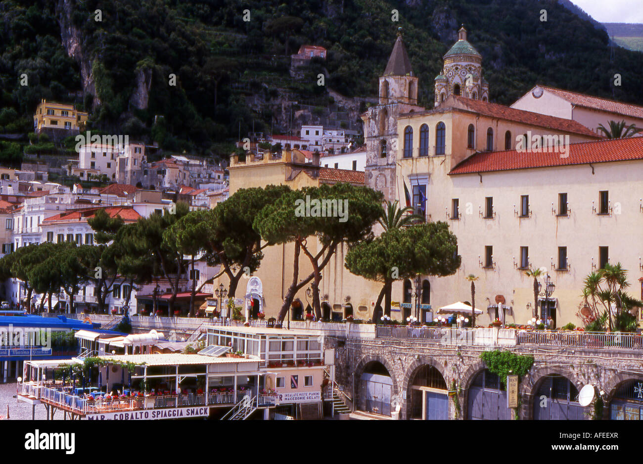 View of Amalfi -  a town and comune in the province of Salerno, in the region of Campania, Italy, on the Gulf of Salerno. Stock Photo