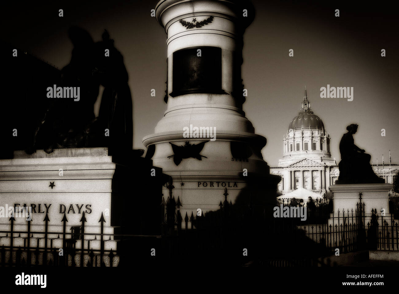 The Pioneers Monument (1894) and City Hall (1913-1915). Civic Center of San Francisco. California State. USA. Stock Photo