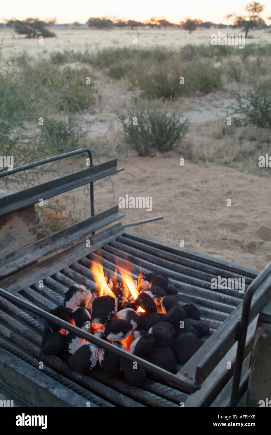 Flames. Open fire. Camping in Kalahari National Park South Africa Stock