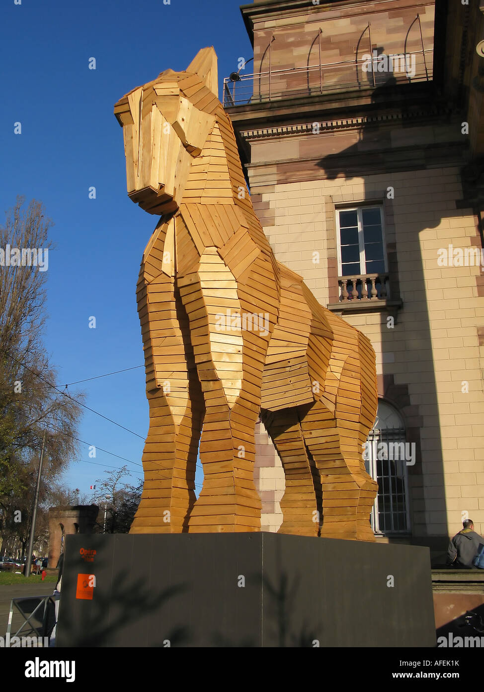 Wooden Trojan horse by Philippe Miesch, in front of Opera house, Strasbourg, Alsace, France, Europe Stock Photo