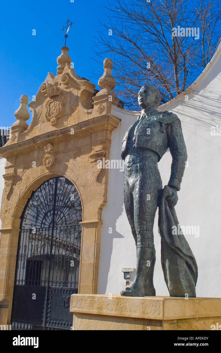 Exterior sculptures of PLAZA DE TOROS A BULLRING KNOWN AS THE SPIRTUAL HOME OF BULLFIGHTING IN RONDA Spain Stock Photo