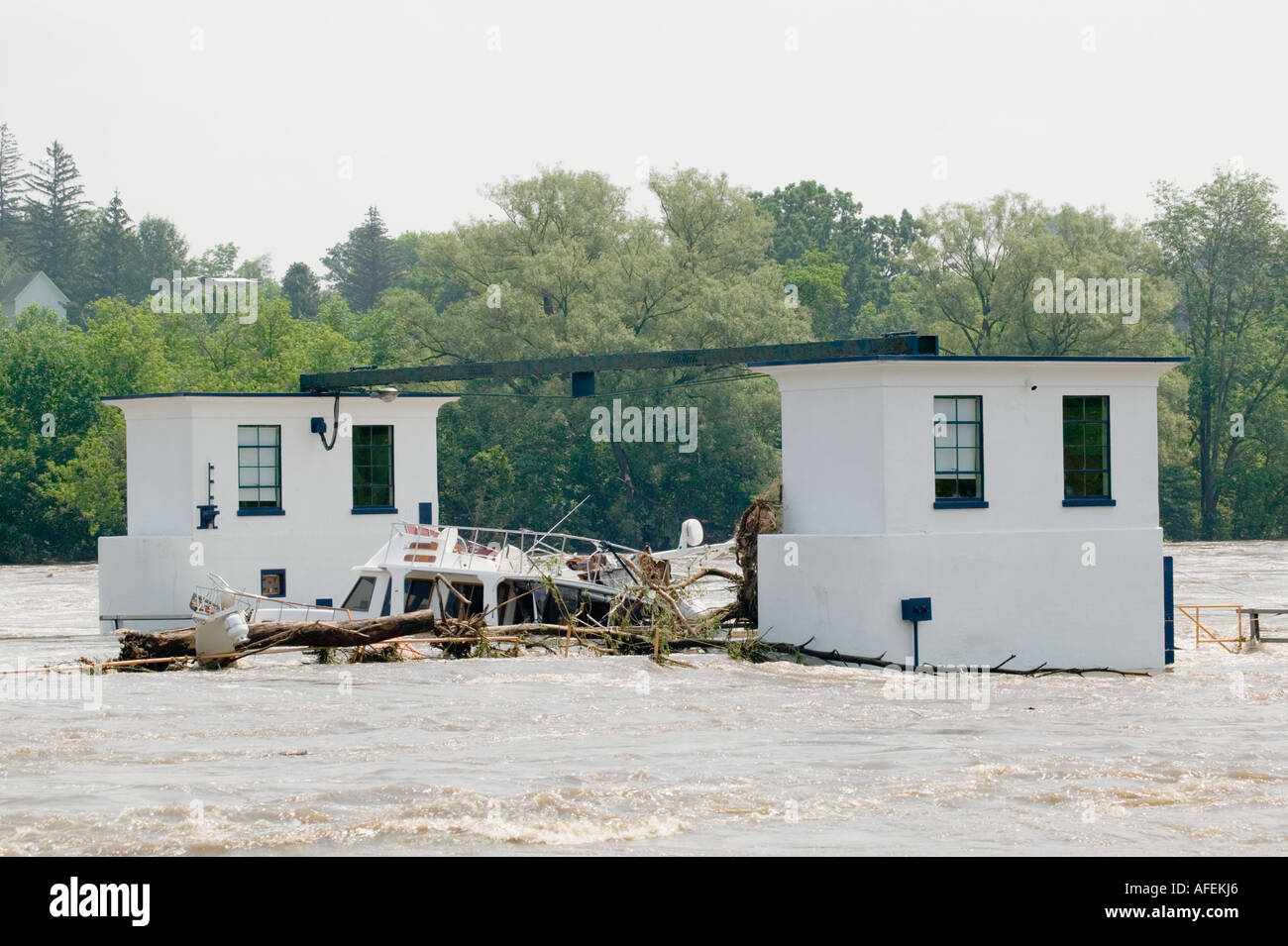 Flooding on Mohawk River destroying boat in lock 15 Erie Canal June