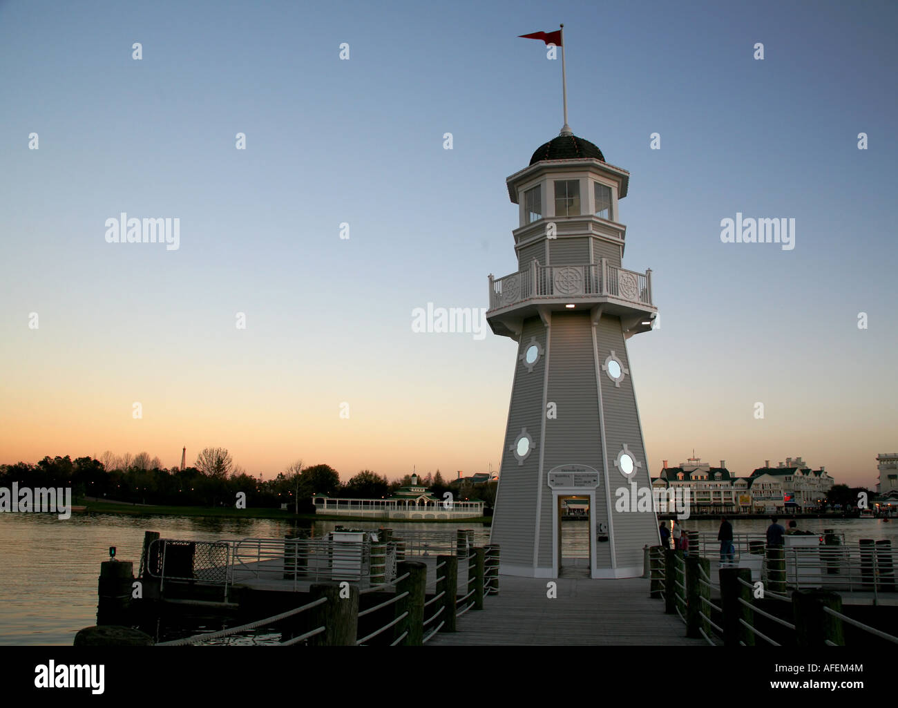 Light house Walt Disney World Orlando Florida resorts and hotels docking station at dawn Stock Photo