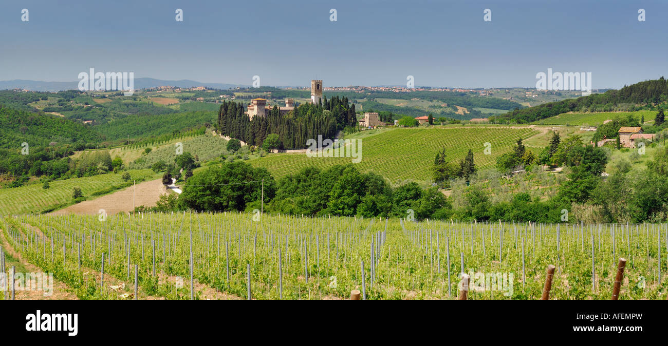 Panorama of vineyards and estate castle nrear Badia a Passignano in Chianti Tuscany Italy Stock Photo