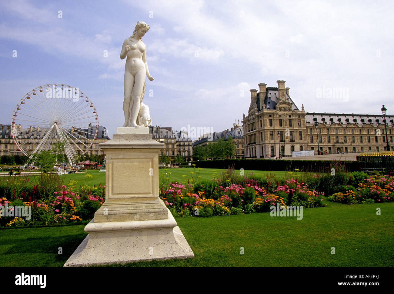 A view of the Tuileries Gardens along the Seine River in downtown Paris, France. Stock Photo