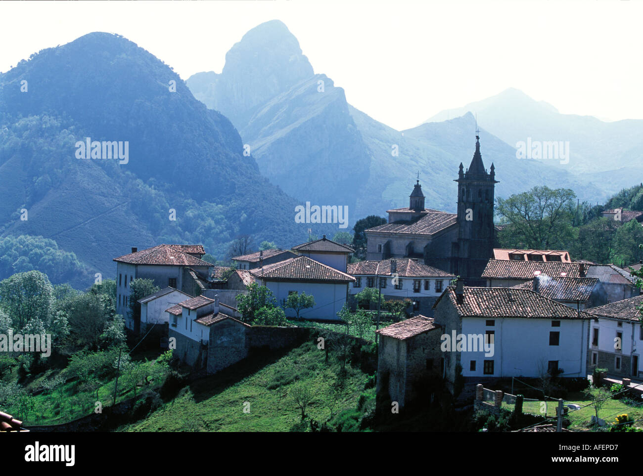Alles Village with the backdrop of the Picos de Europa Alles village Picos de Europa Spain Europe Stock Photo