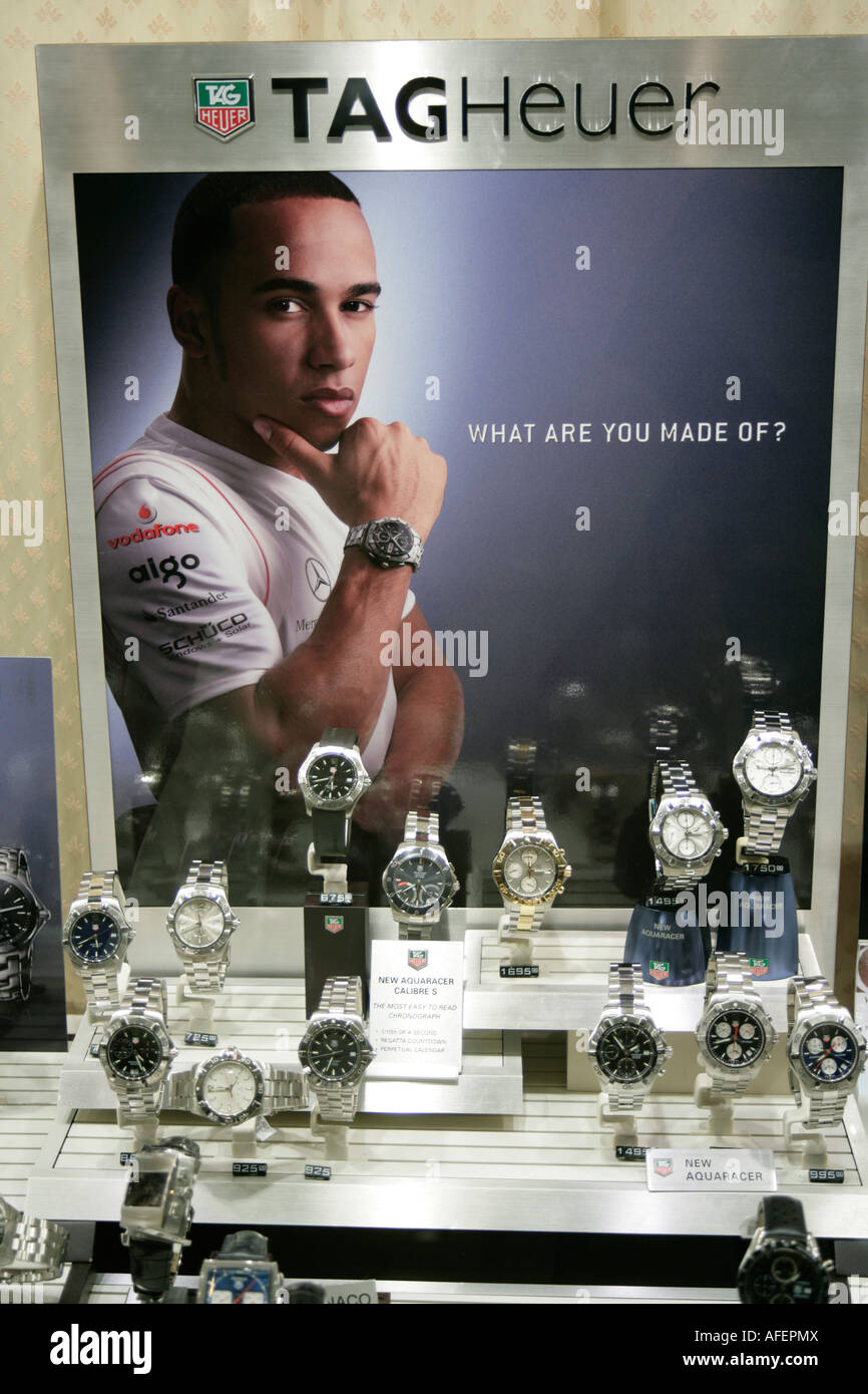 Lewis Hamilton endorsed Tag Heuer watches in a jewellers shop window,  England UK. EDITORIAL USE ONLY Stock Photo - Alamy