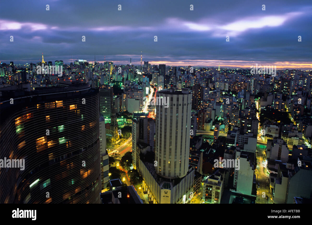 Night Skyline with Edificio Copan by Oscar Niemeyer Sao Paulo Brazil Stock Photo