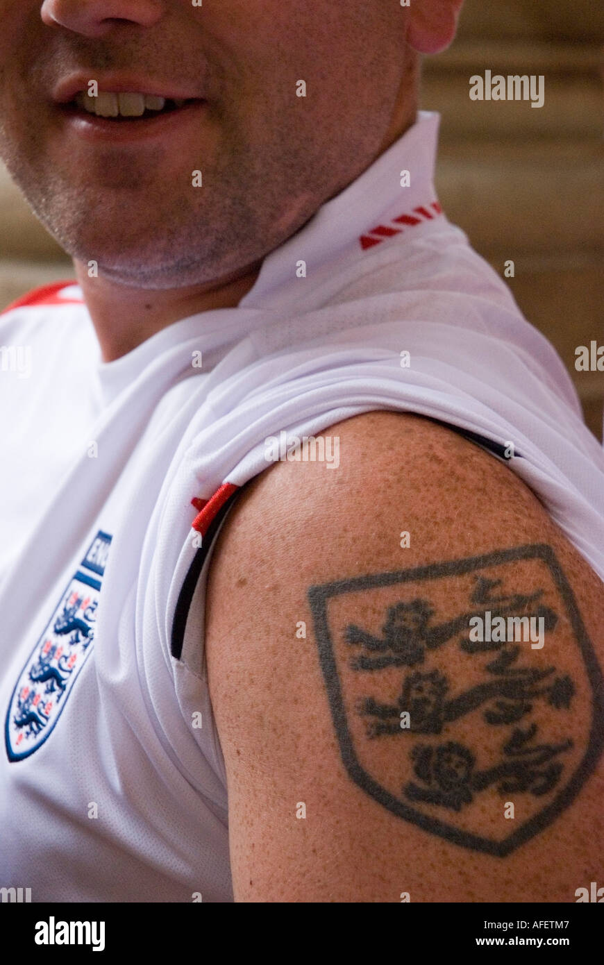 A Three Lions Tatoo On An English Fans Arm Stock Photo Alamy