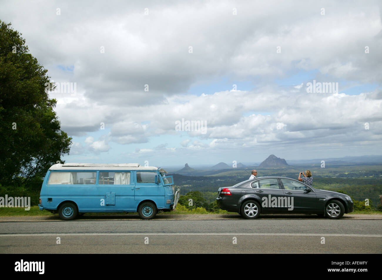 Camper and Car at an Australian Viewpoint at Glasshouse Mountains Southern Australia Stock Photo