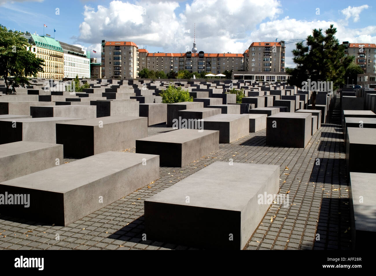 Jewish  Holocaust Memoria  abstract view of the rectangular grey  stones monument Eberstrasse designed by architect Peter Eisenman Berlin Germany Stock Photo