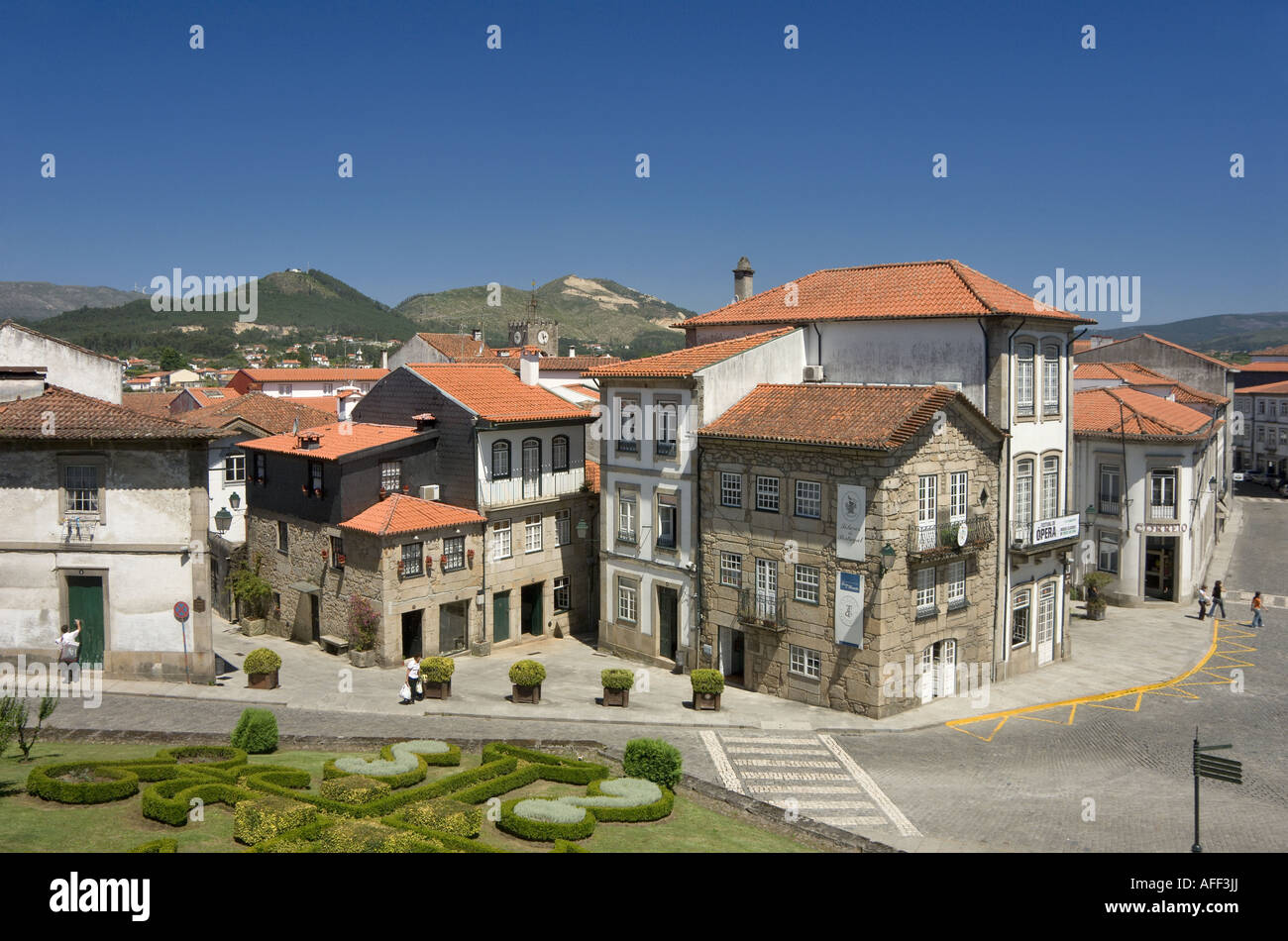 Portugal, The Costa Verde, Minho District, Ponte De Lima, General View Of Town Seen Over Municipal Gardens Stock Photo
