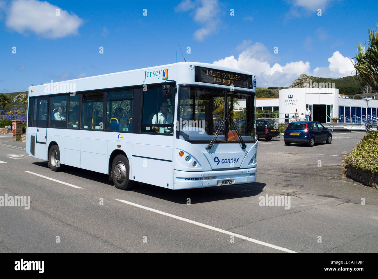 dh St Ouen Bay ST OUEN JERSEY Channel Island Explorer Red Route Connex bus  at Jersey Pearl bus stop mybus service public transport islands Stock Photo  - Alamy
