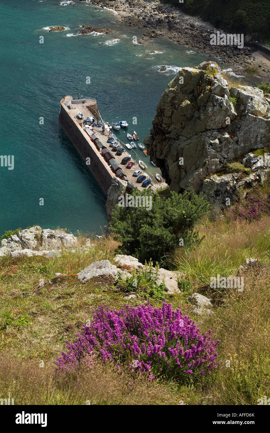 dh Bonne Nuit Bay ST JOHN JERSEY Heather seacliff rock boats anchorage