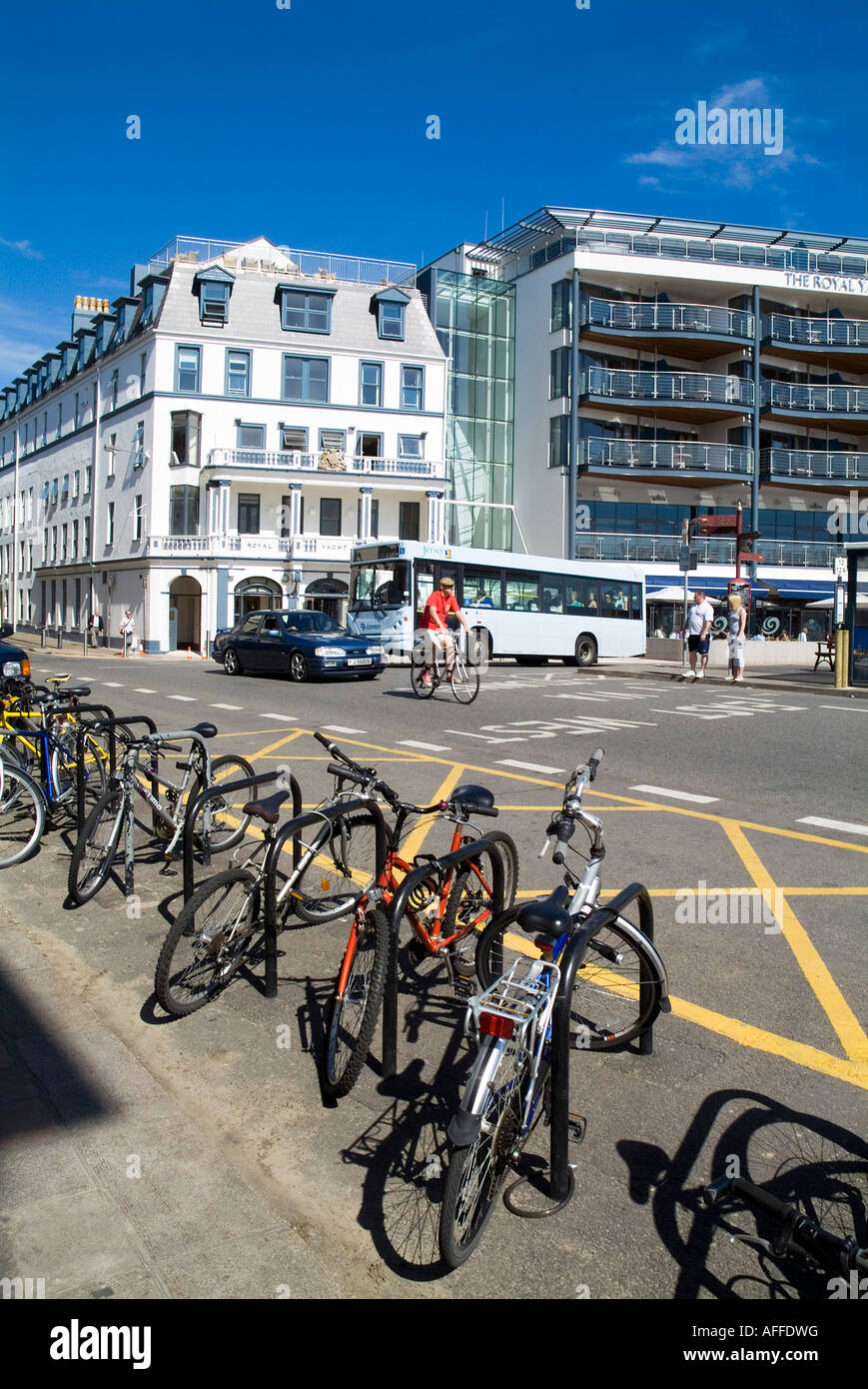 dh Weighbridge ST HELIER JERSEY Bicycle parking bicylces parked by road cyclist bicycles rack bike channel island cycling islands cycle lane Stock Photo