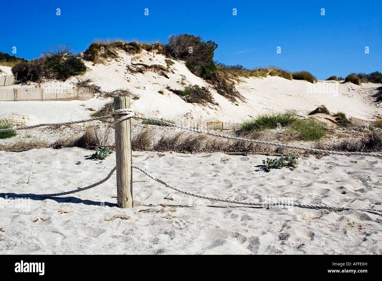 wooden post with rope fence on white sand beach sand dunes in back