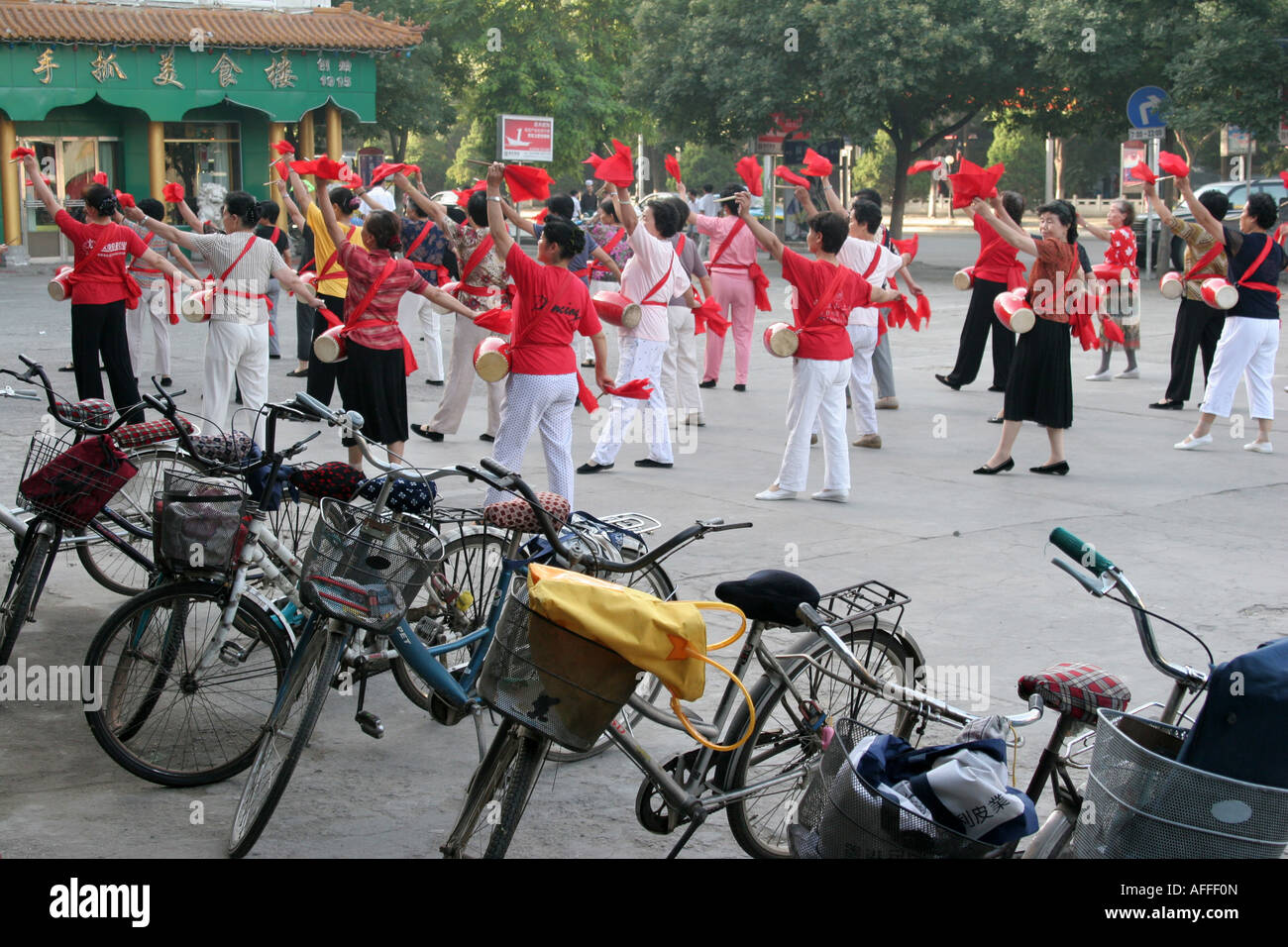 Gymnastics with drums at Yinchuan city Ningxia China August 2007 Stock Photo