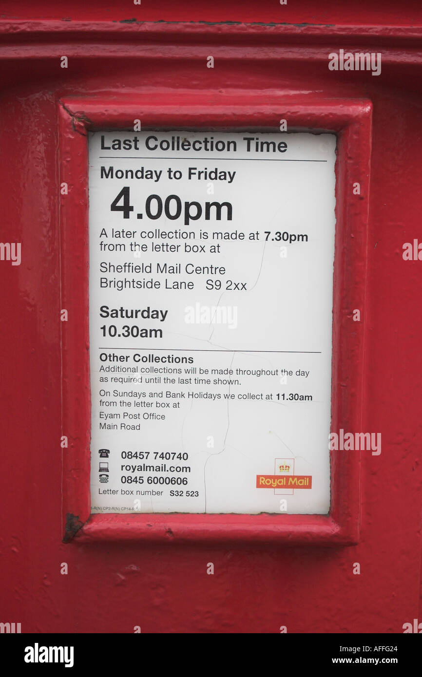 Collection times on a post box at Lydgate. Eyam, Derbyshire, United Kingdom. Stock Photo