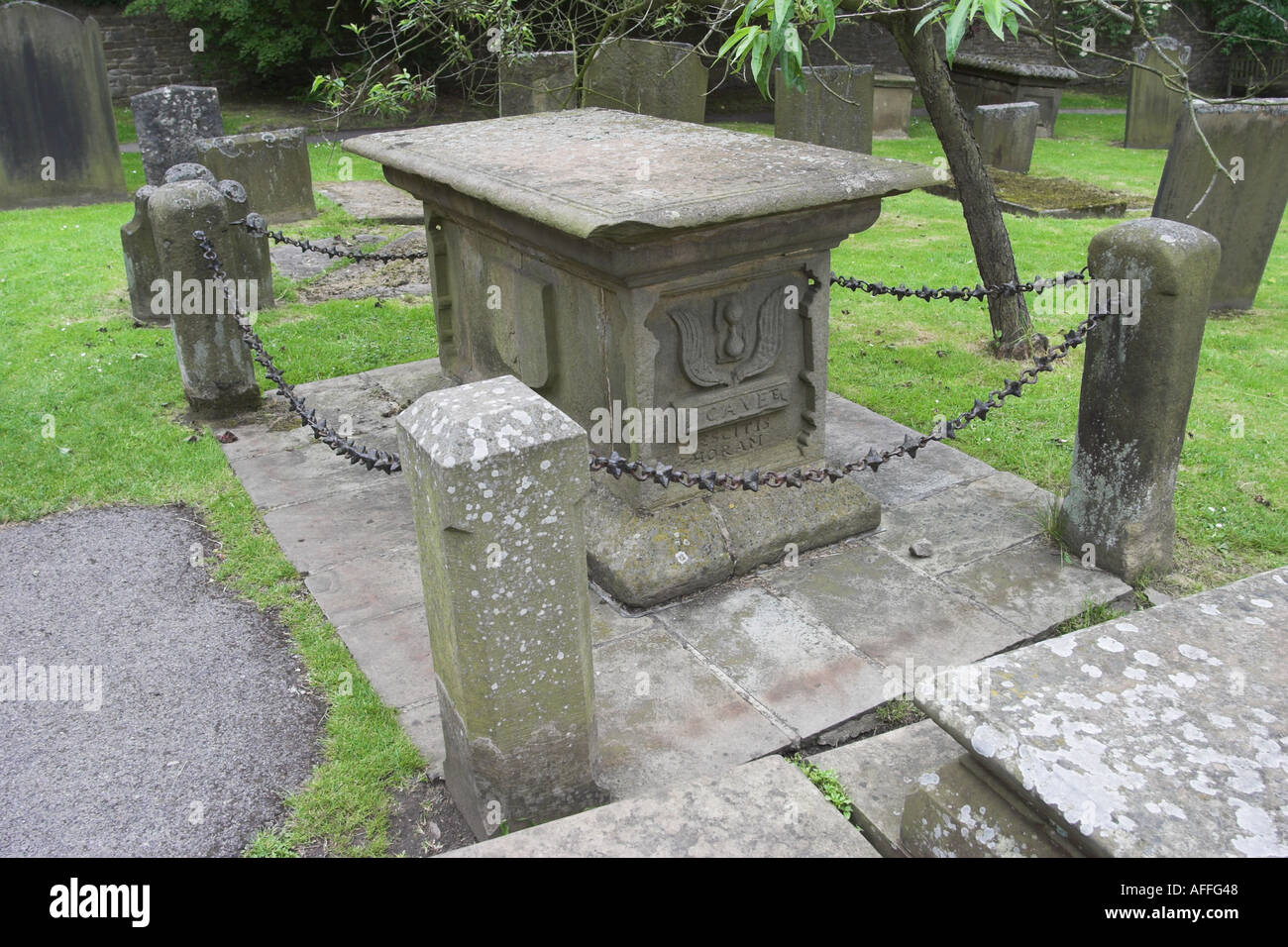 The grave of Mrs Mompesson, . Church of St Lawrence, Eyam, Derbyshire, United Kingdom. Stock Photo