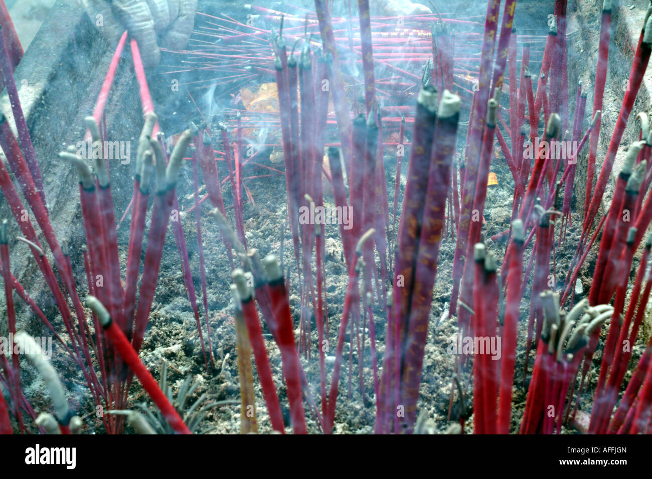 Incense burning at a Buddhist monastery in Chengdu, Sichuan Province, China. Stock Photo