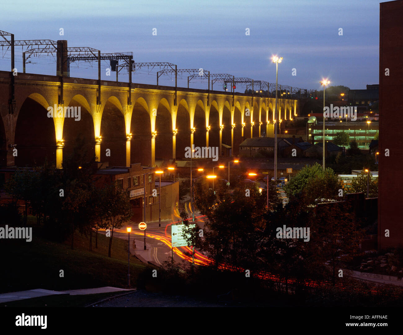 Cheshire Stockport railway viaduct lit at night Stock Photo Alamy