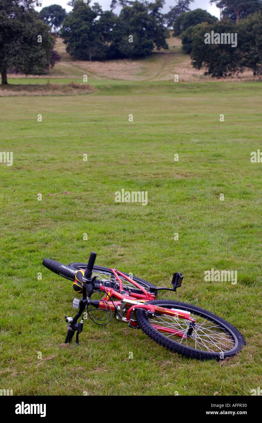 Mountain bicycle on grassy lawn without rider Stock Photo - Alamy
