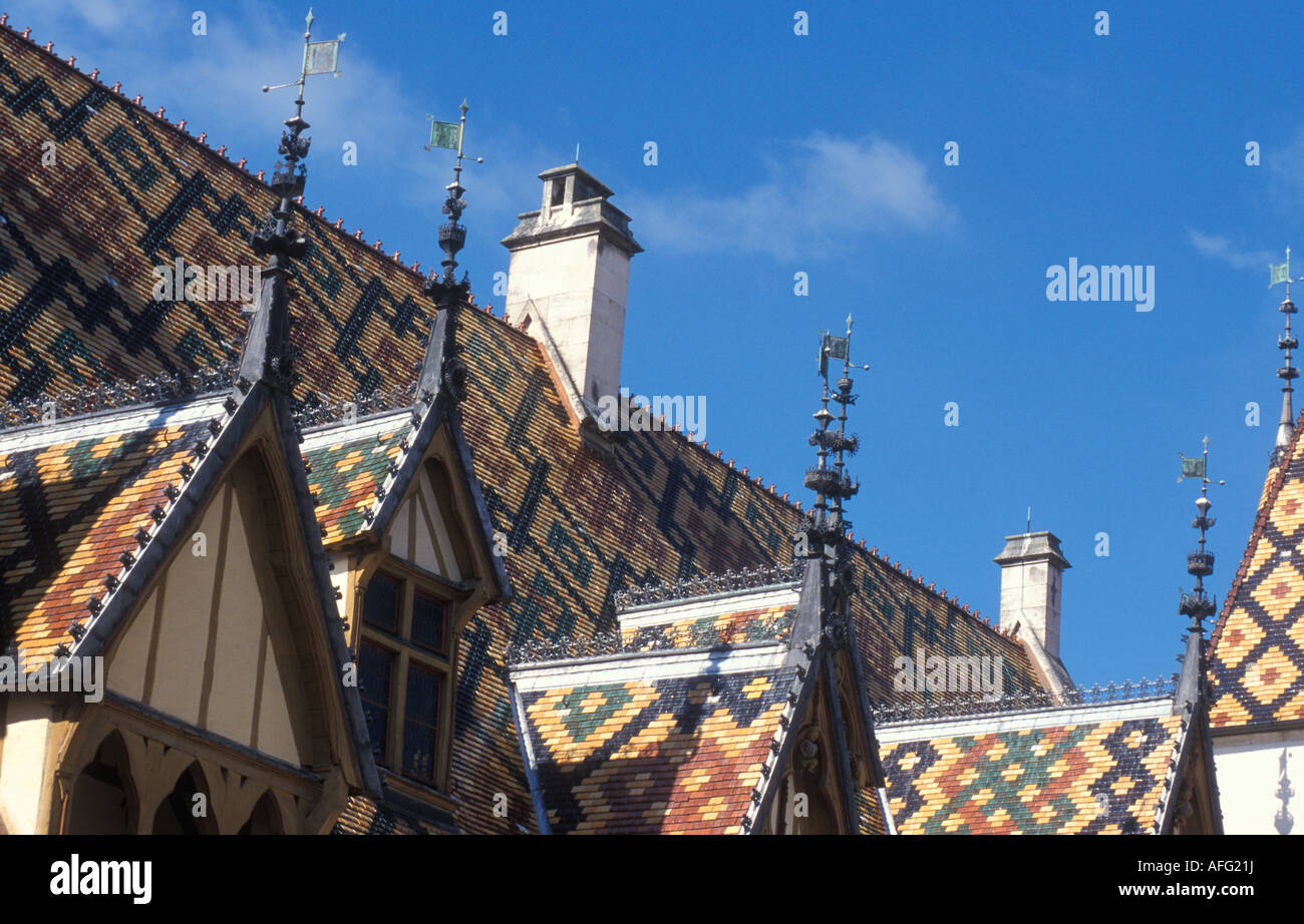 Roof of famous Hotel Dieu hospital of the poor from 1443 in Beaune Burgundy France Stock Photo