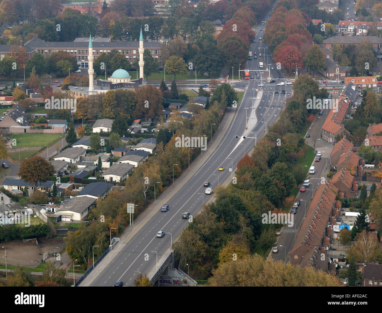 View on part of Tilburg the Netherlands with a newly built mosque with two high minarets Stock Photo