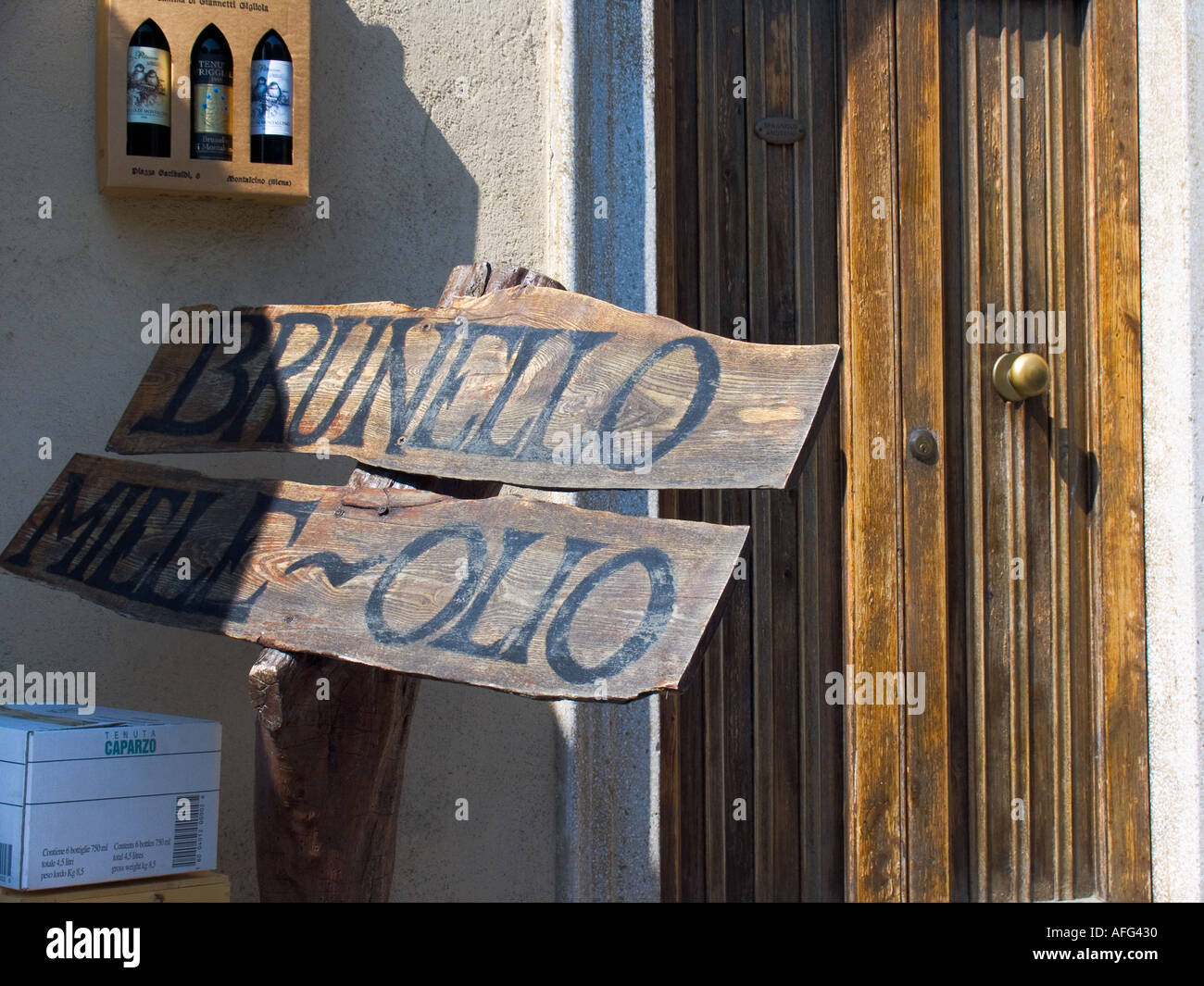 Brunello wine sign outside wine shop Montalcino Italy Stock Photo Alamy