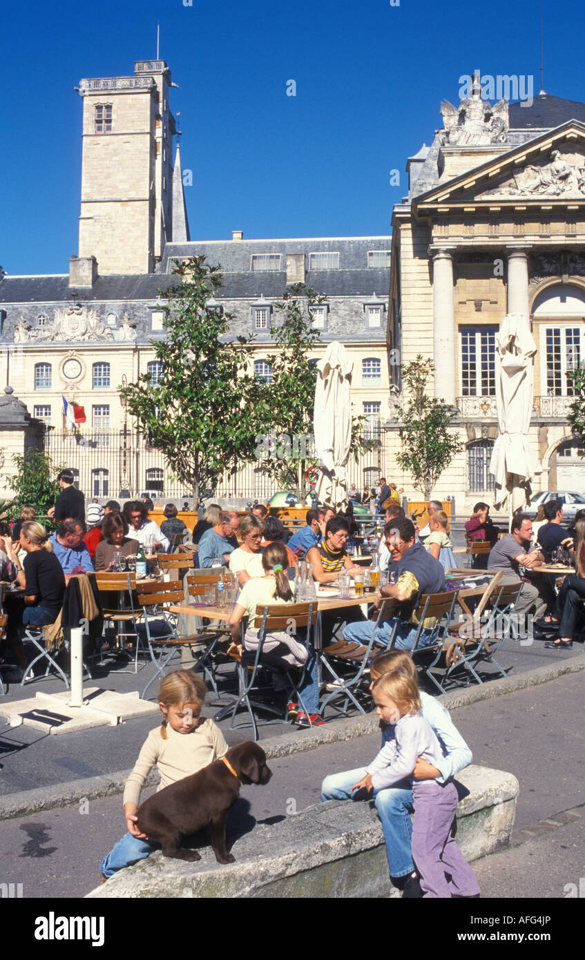 People at a cafe restaurant in front of Palais des Ducs at the Place de la Liberation in Dijon Burgundy France Stock Photo