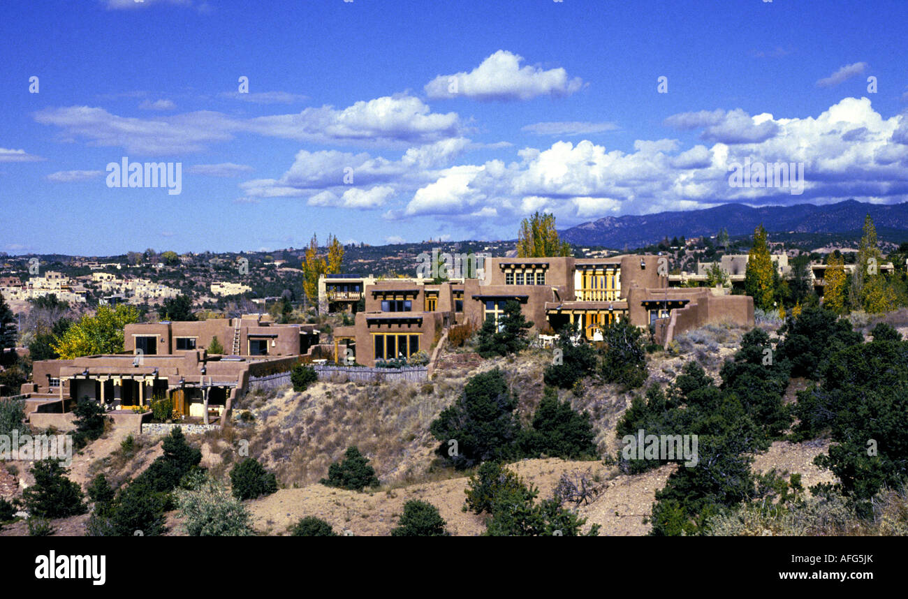 An overview of some of the adobe houses in Santa Fe New Mexico on the