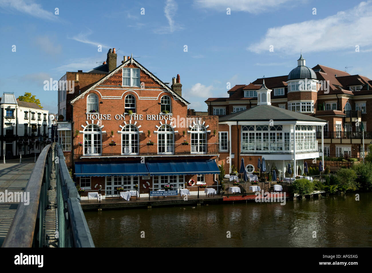 House on the Bridge restaurant Eton seen from Windsor bridge across the River Thames Berkshire England Stock Photo