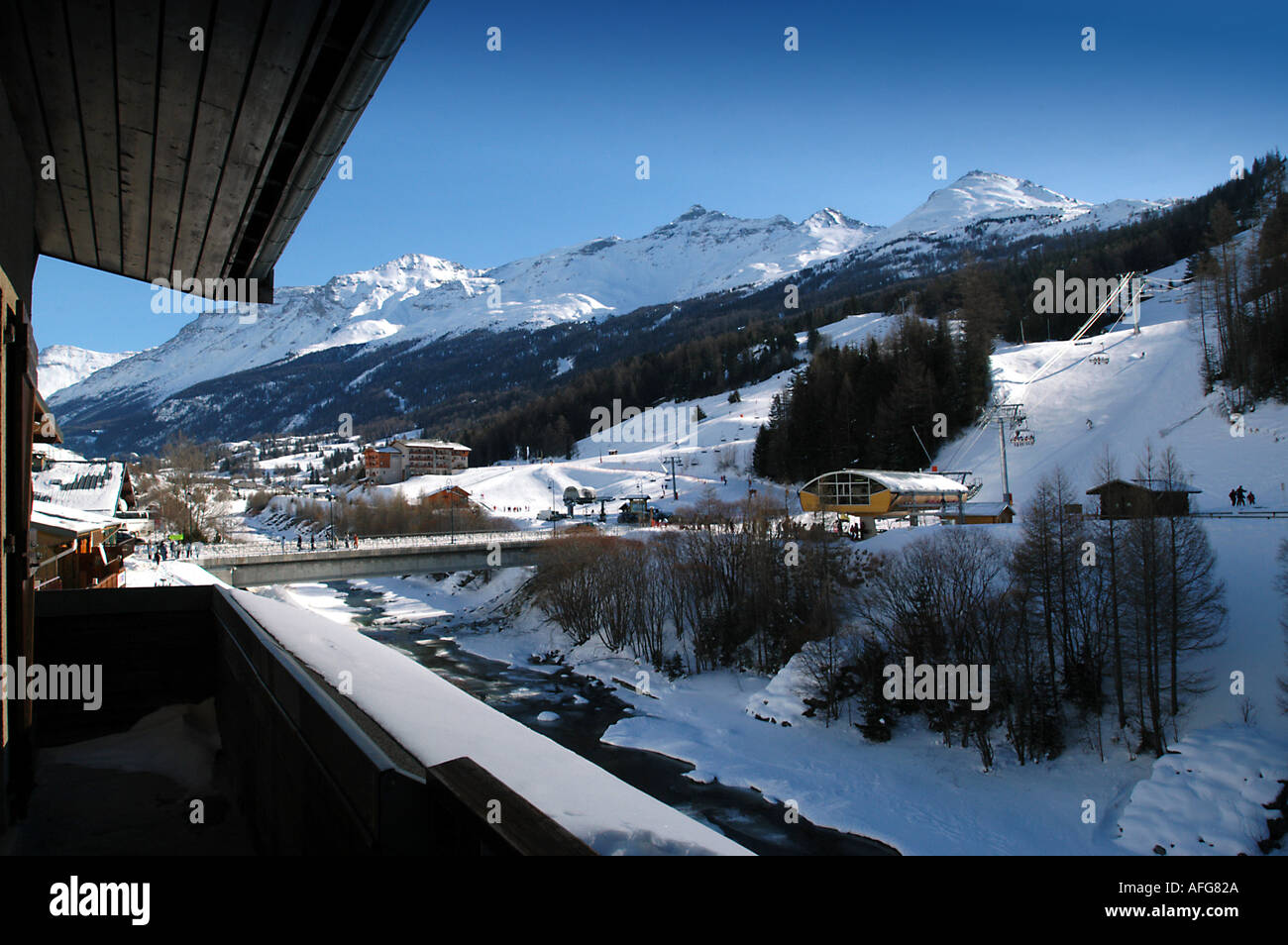 Looking out over the River Arc at Val Cenis, France in winter Stock Photo