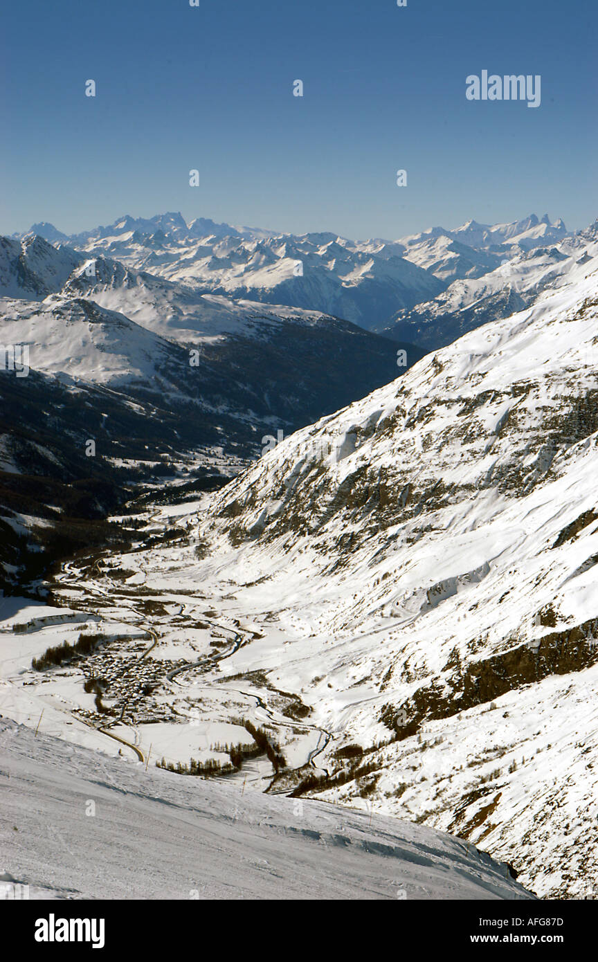 Looking down on Bonneval sur Arc, Vanoise National Park, France in winter Stock Photo