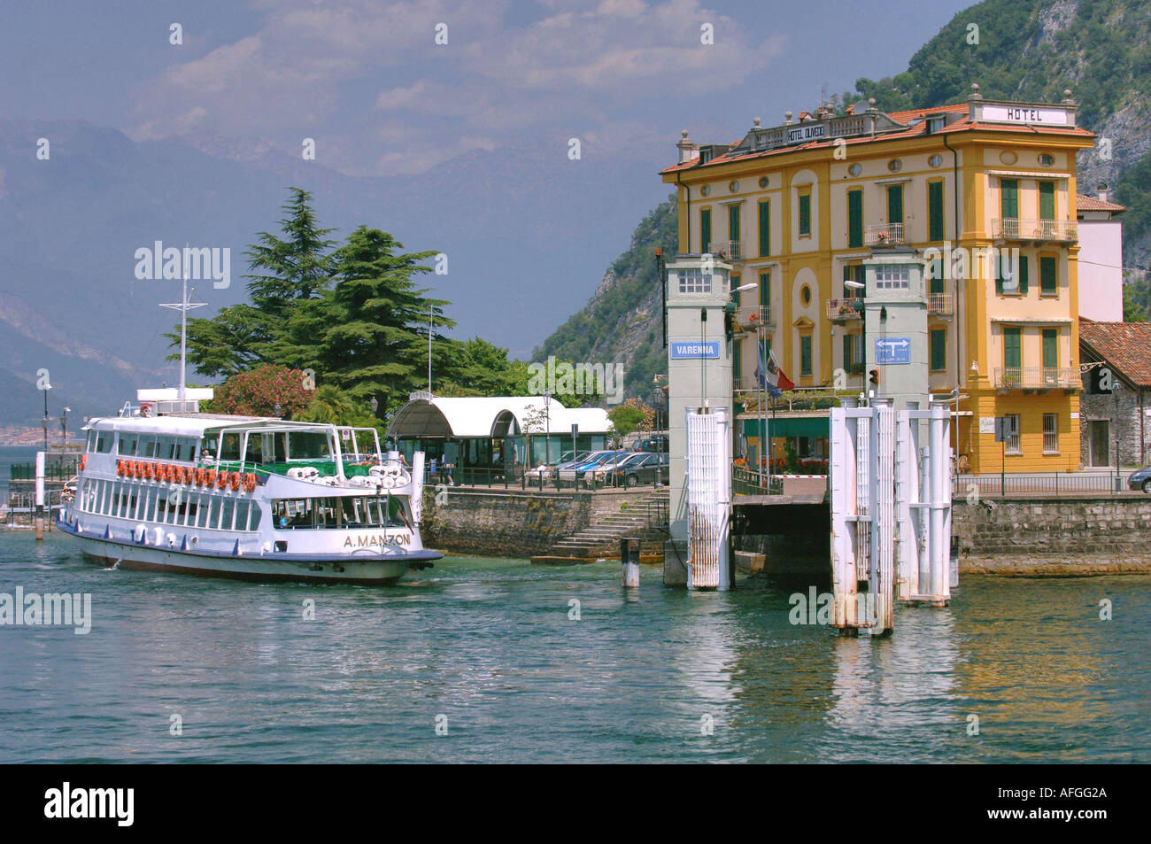 village of Varenna on Lake Como Italy and passenger ferry dock Stock